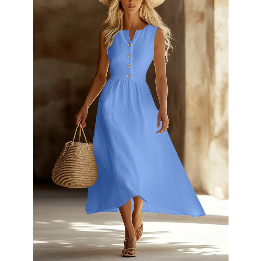 Sleeveless Button Front Flowy Midi Dress Sky Blue / S Apparel and Accessories