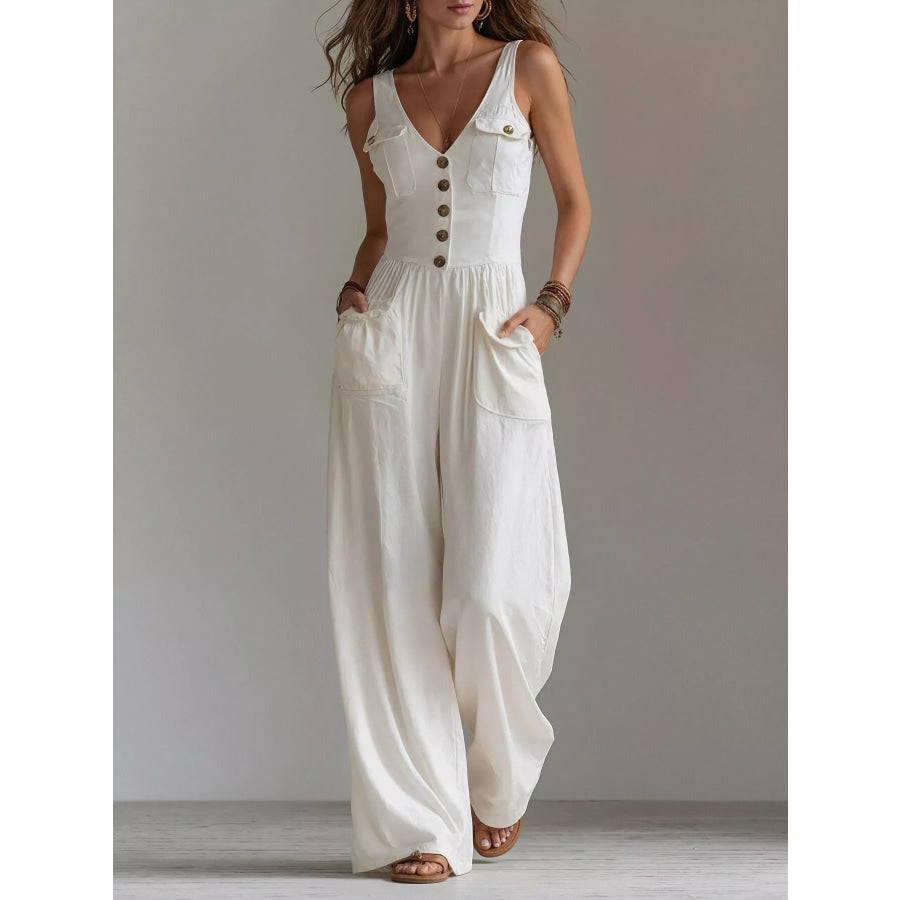 Sleeveless Button-Front Jumpsuit White / S Apparel and Accessories