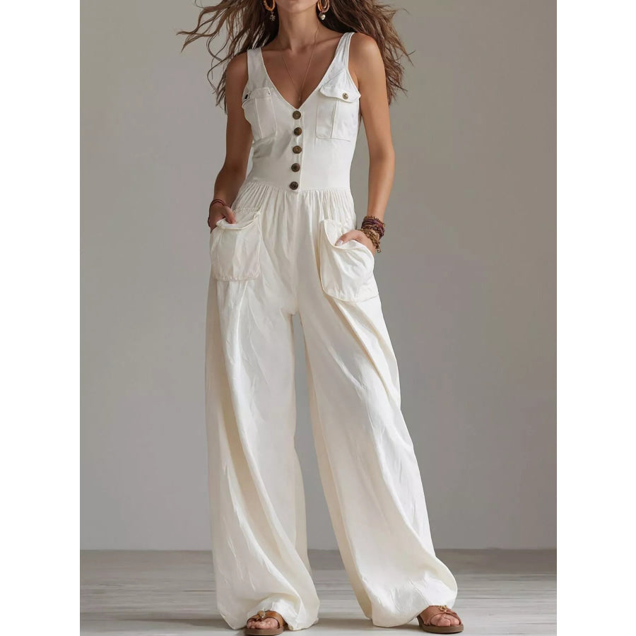 Sleeveless Button-Front Jumpsuit White / S Apparel and Accessories