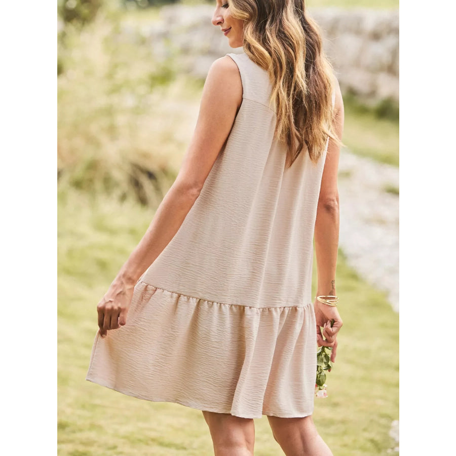 Sleeveless Button Front Tiered V Neck Textured Mini Dress Beige / S Apparel and Accessories
