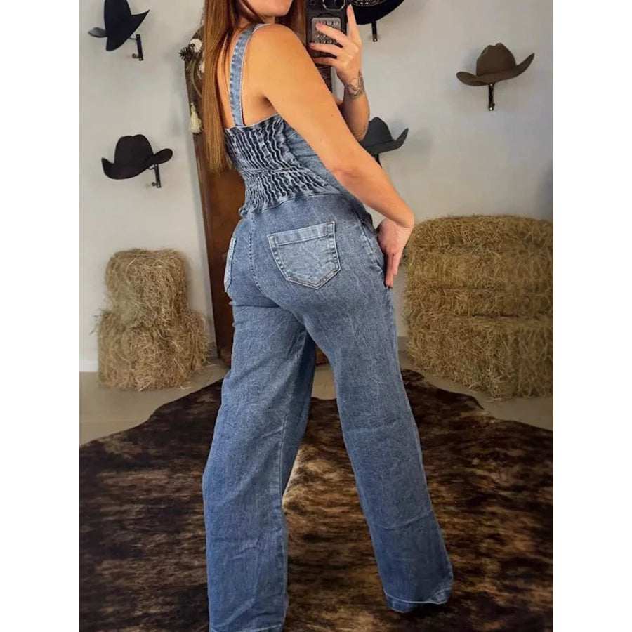 Sleeveless Button Front Wide-Leg Denim Jumpsuit Apparel and Accessories