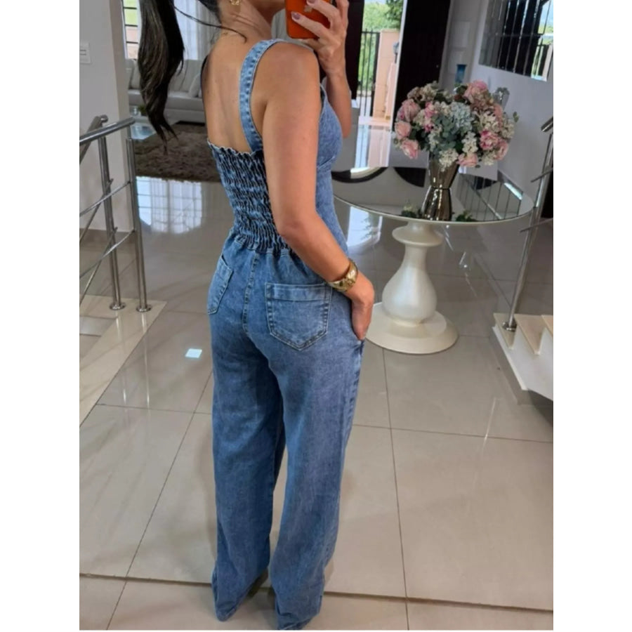 Sleeveless Button Front Wide-Leg Denim Jumpsuit Apparel and Accessories