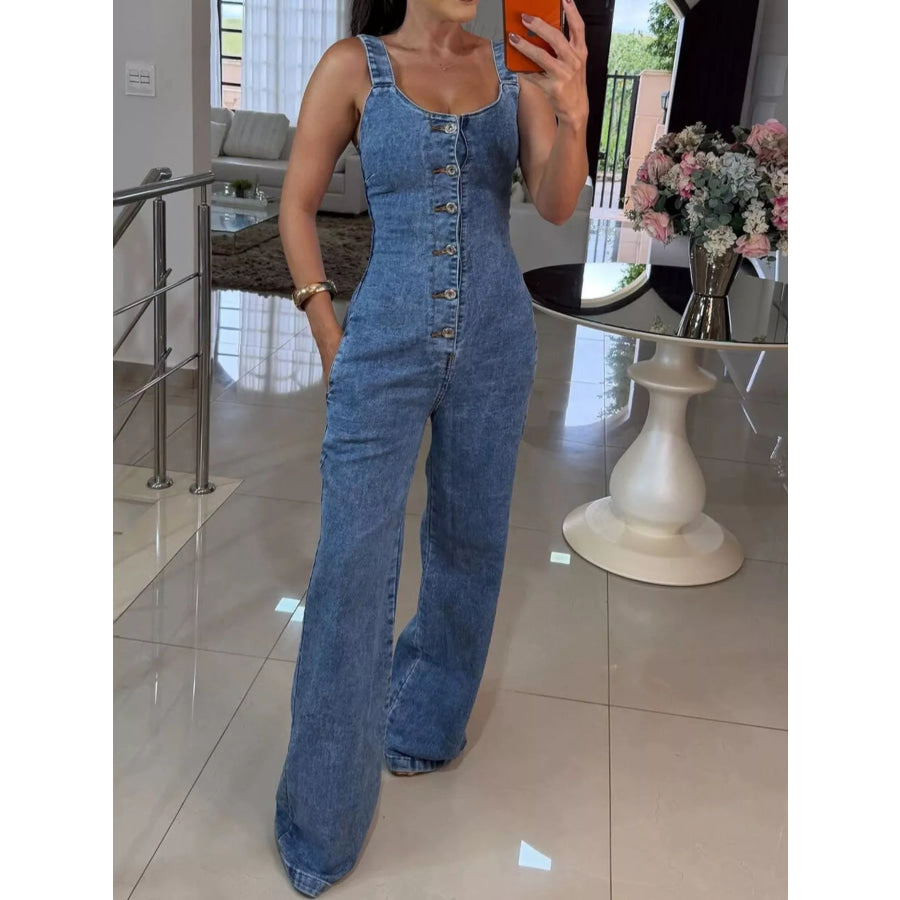 Sleeveless Button Front Wide-Leg Denim Jumpsuit Apparel and Accessories