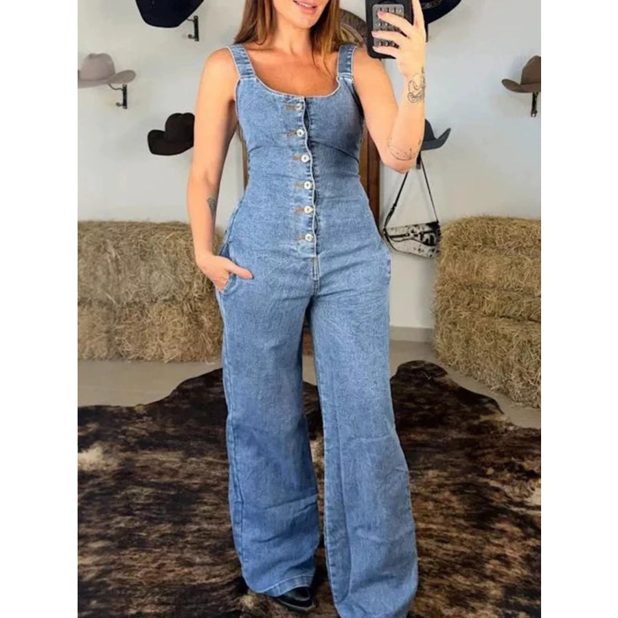 Sleeveless Button Front Wide-Leg Denim Jumpsuit Light Blue / S Apparel and Accessories
