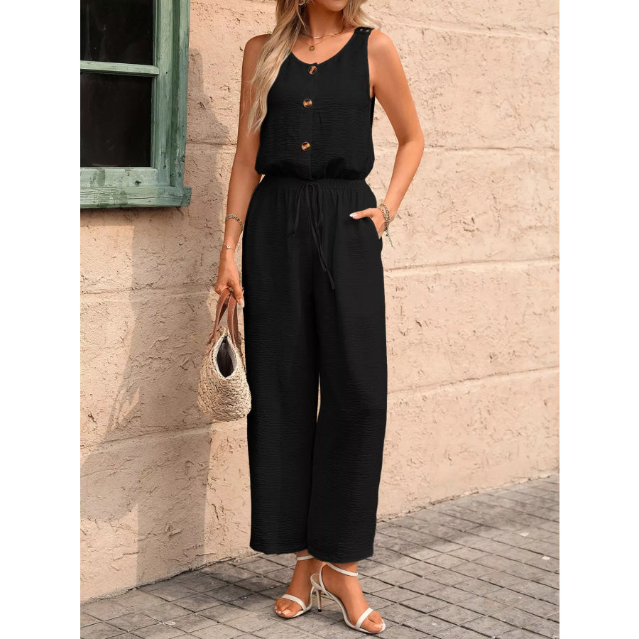 Sleeveless Button-Front Wide Leg Jumpsuit Apparel and Accessories
