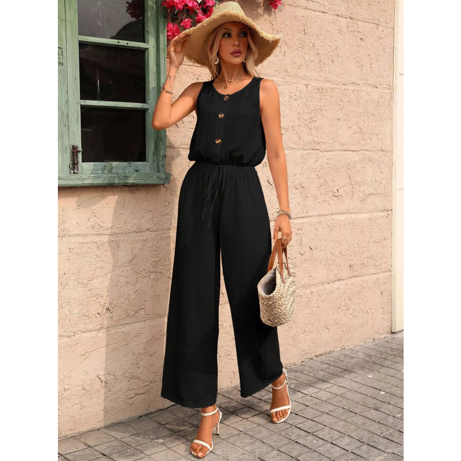 Sleeveless Button-Front Wide Leg Jumpsuit Apparel and Accessories