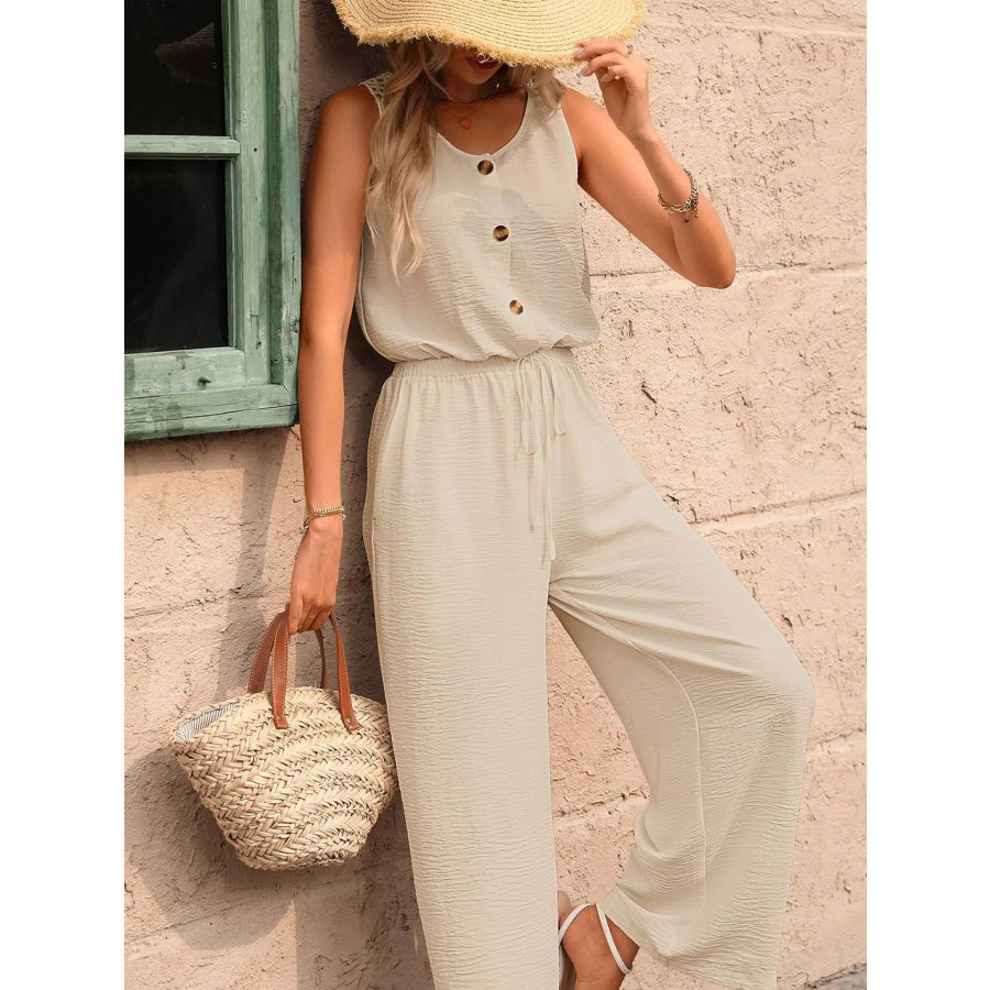 Sleeveless Button-Front Wide Leg Jumpsuit Apparel and Accessories