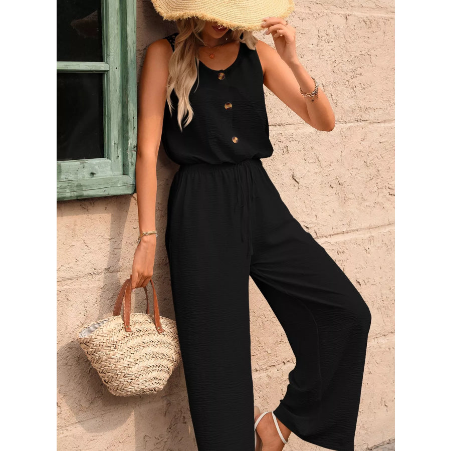 Sleeveless Button-Front Wide Leg Jumpsuit Apparel and Accessories