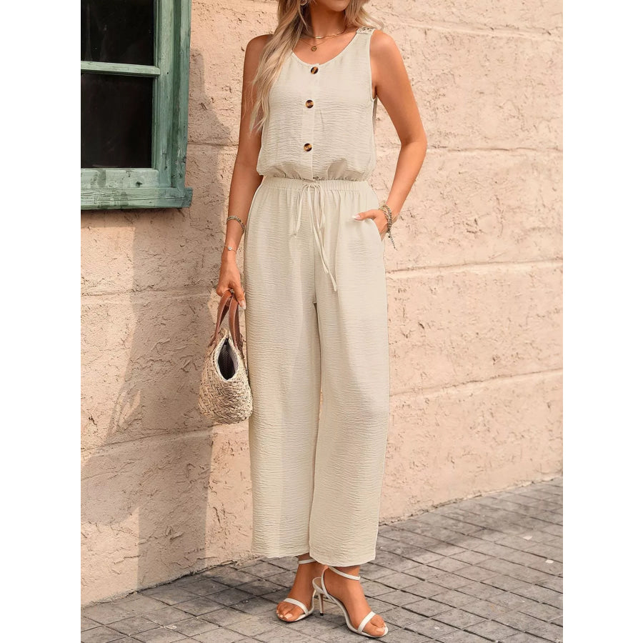 Sleeveless Button-Front Wide Leg Jumpsuit Apparel and Accessories