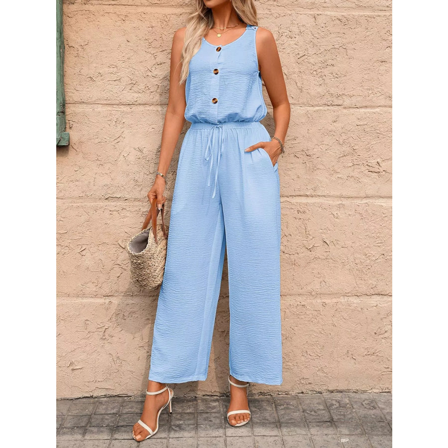 Sleeveless Button-Front Wide Leg Jumpsuit Apparel and Accessories