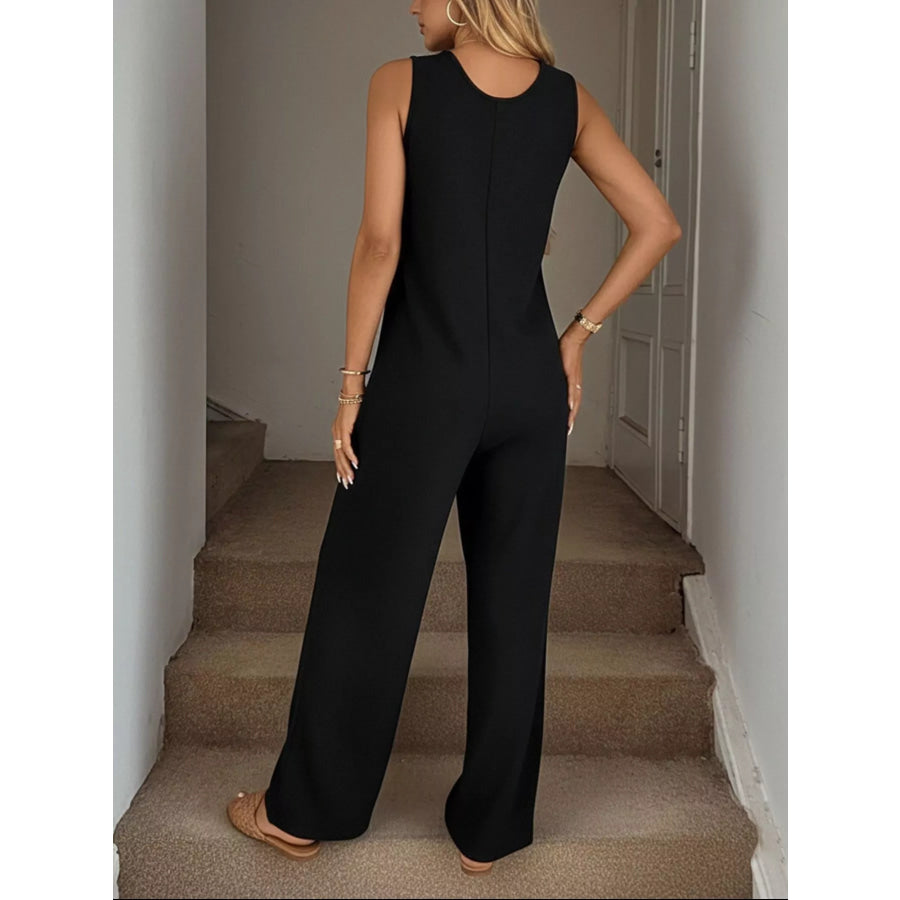 Sleeveless Button-Front Wide Leg Jumpsuit Apparel and Accessories