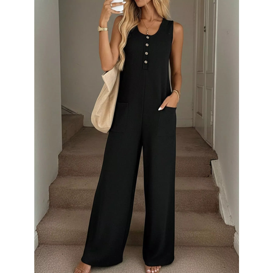 Sleeveless Button-Front Wide Leg Jumpsuit Apparel and Accessories