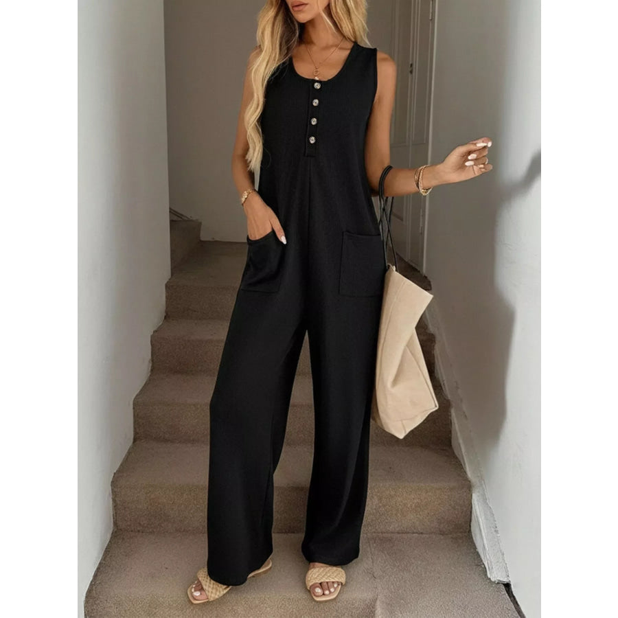 Sleeveless Button-Front Wide Leg Jumpsuit Apparel and Accessories