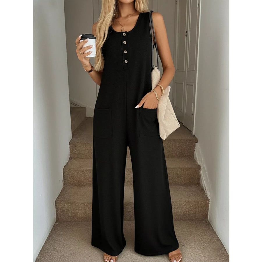Sleeveless Button-Front Wide Leg Jumpsuit Black / S Apparel and Accessories