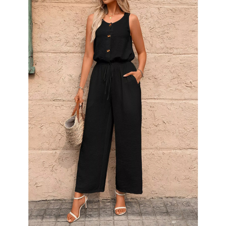 Sleeveless Button-Front Wide Leg Jumpsuit Black / S Apparel and Accessories
