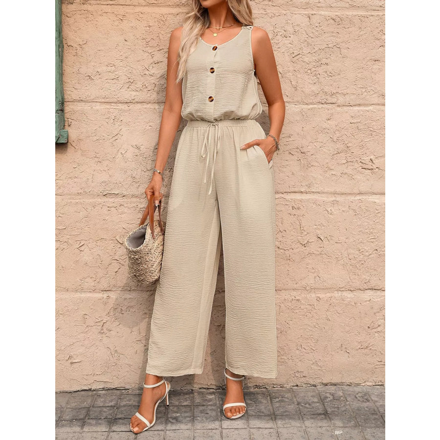 Sleeveless Button-Front Wide Leg Jumpsuit Khaki / S Apparel and Accessories