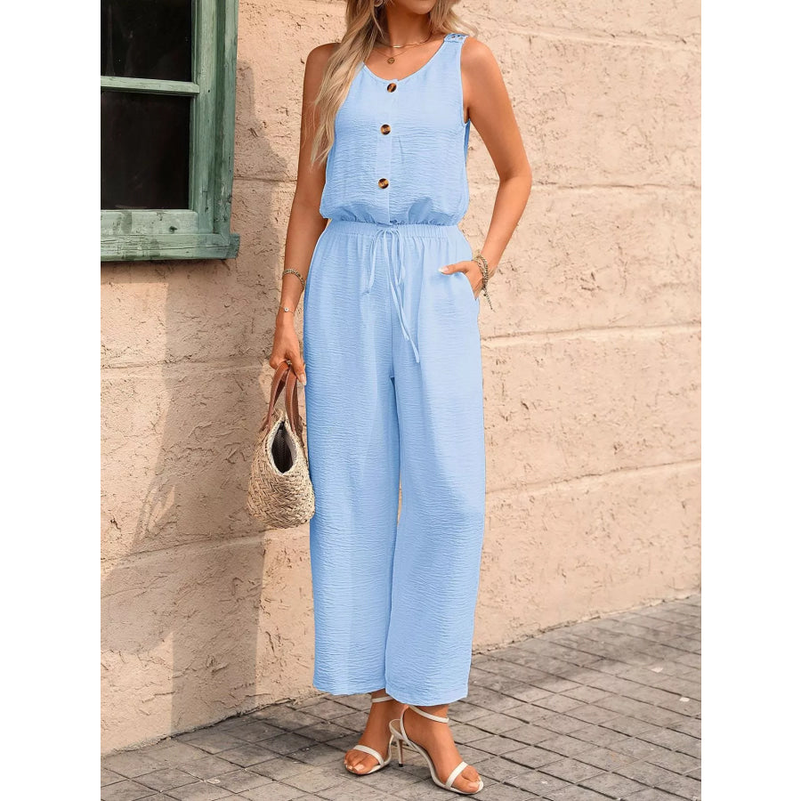 Sleeveless Button-Front Wide Leg Jumpsuit Sky Blue / S Apparel and Accessories