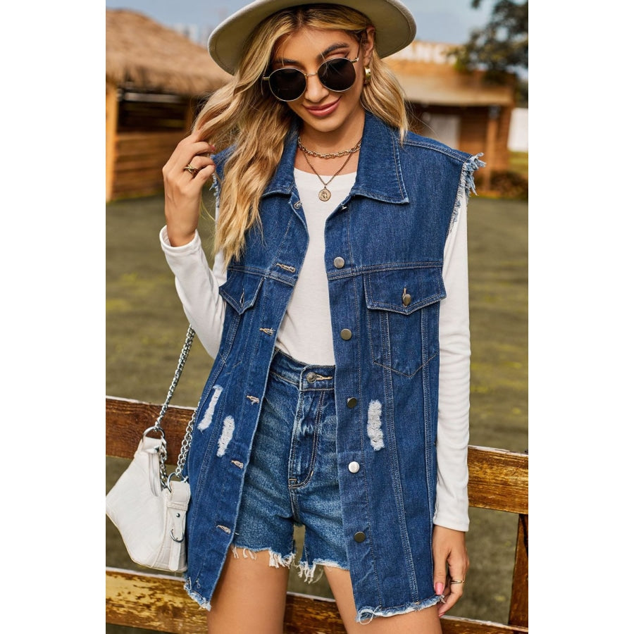 Sleeveless Button-Up Collared Denim Top with Pockets