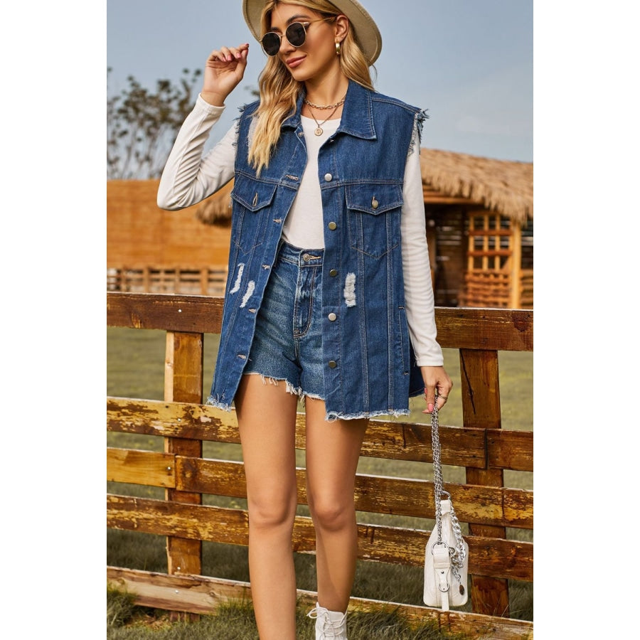 Sleeveless Button-Up Collared Denim Top with Pockets