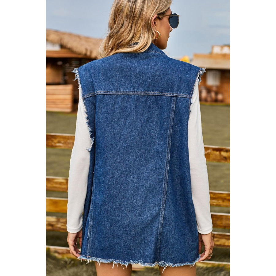 Sleeveless Button-Up Collared Denim Top with Pockets