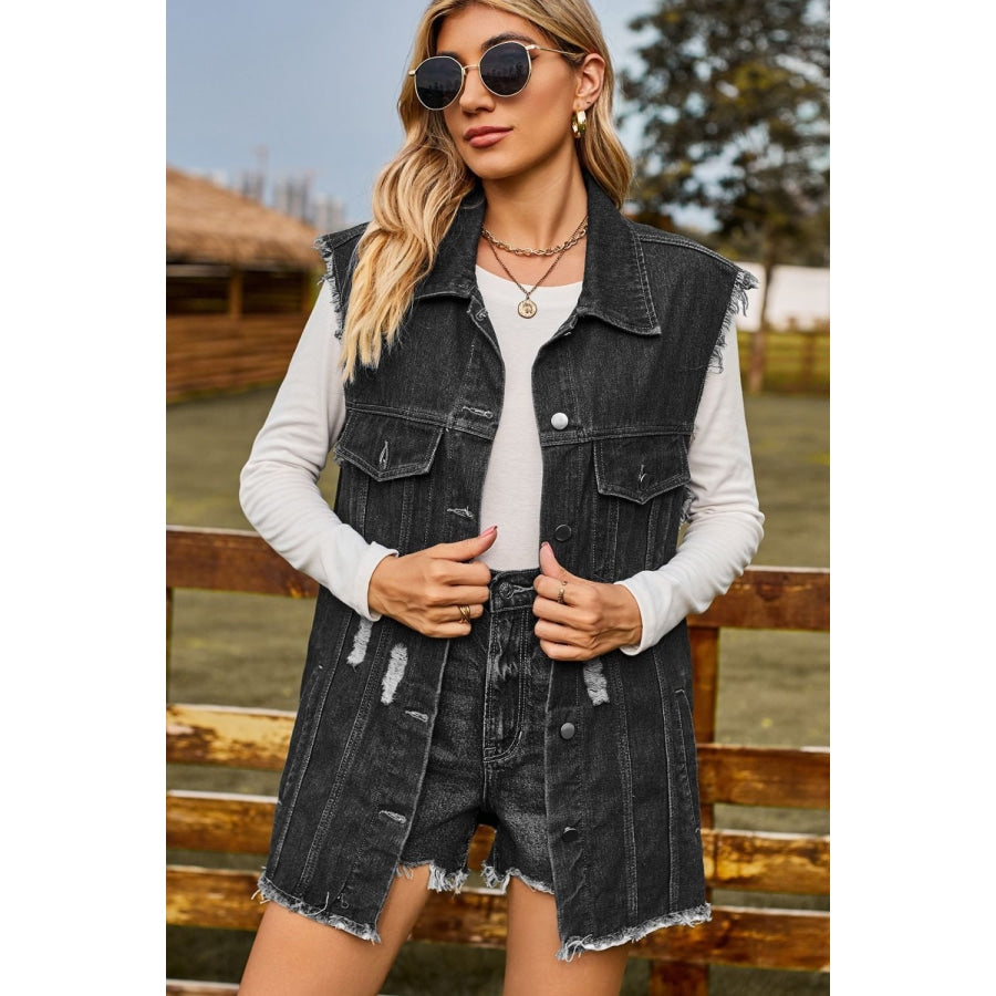 Sleeveless Button-Up Collared Denim Top with Pockets