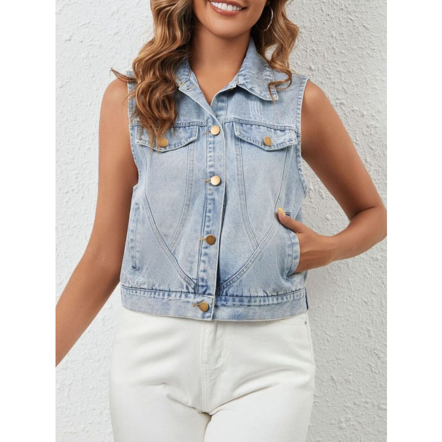 Sleeveless Button Up Denim Jacket Apparel and Accessories