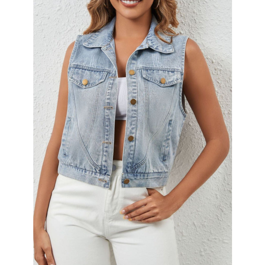 Sleeveless Button Up Denim Jacket Light Blue / S Apparel and Accessories