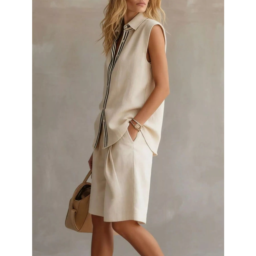 Sleeveless Button Up Top and Shorts Set Apparel Accessories