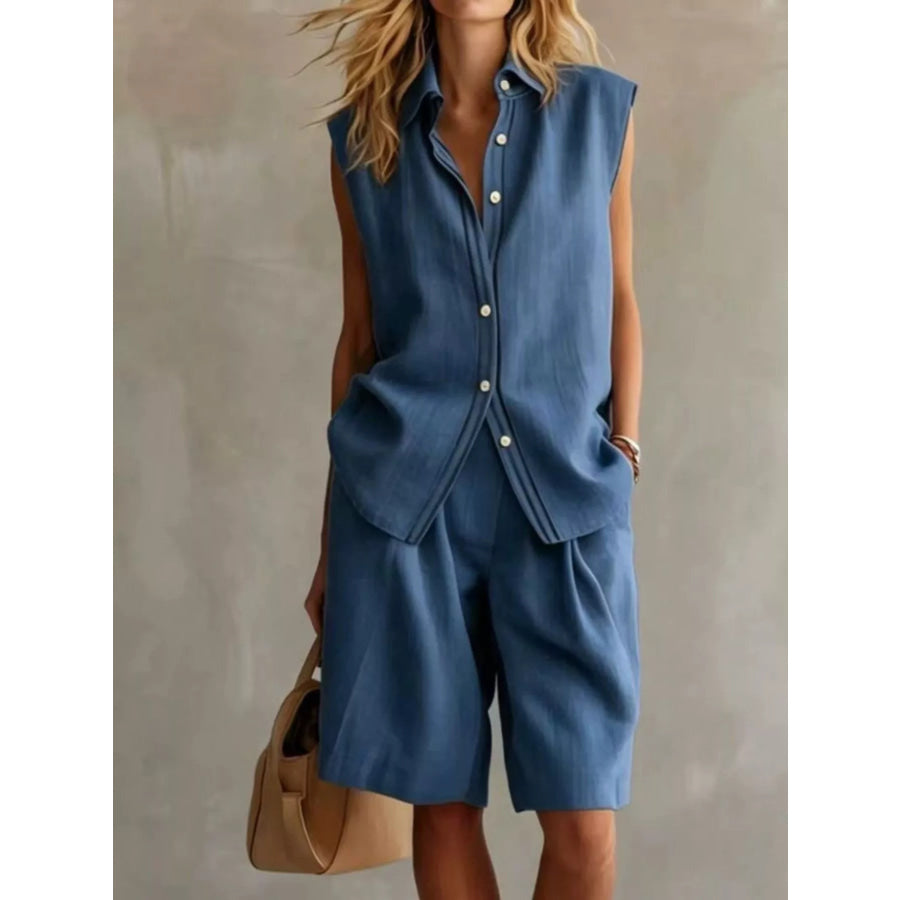 Sleeveless Button Up Top and Shorts Set Blue / S Apparel Accessories