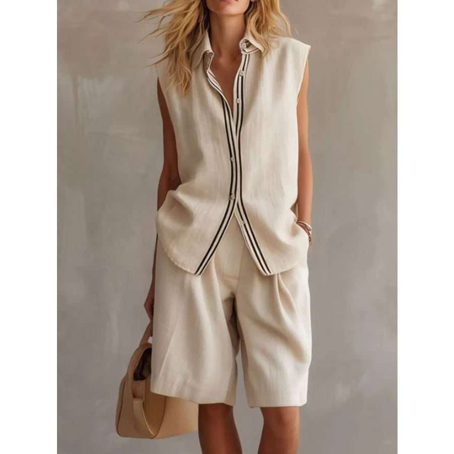 Sleeveless Button Up Top and Shorts Set Cream White / S Apparel Accessories