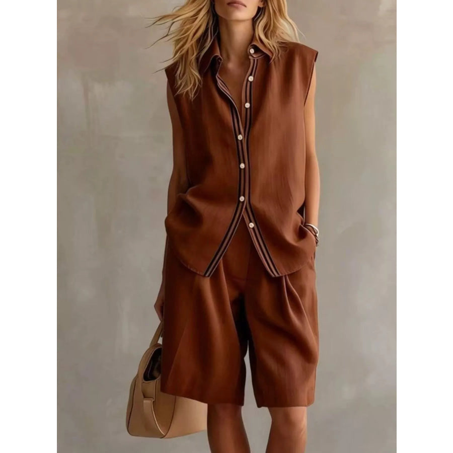 Sleeveless Button Up Top and Shorts Set Light Brown / S Apparel Accessories