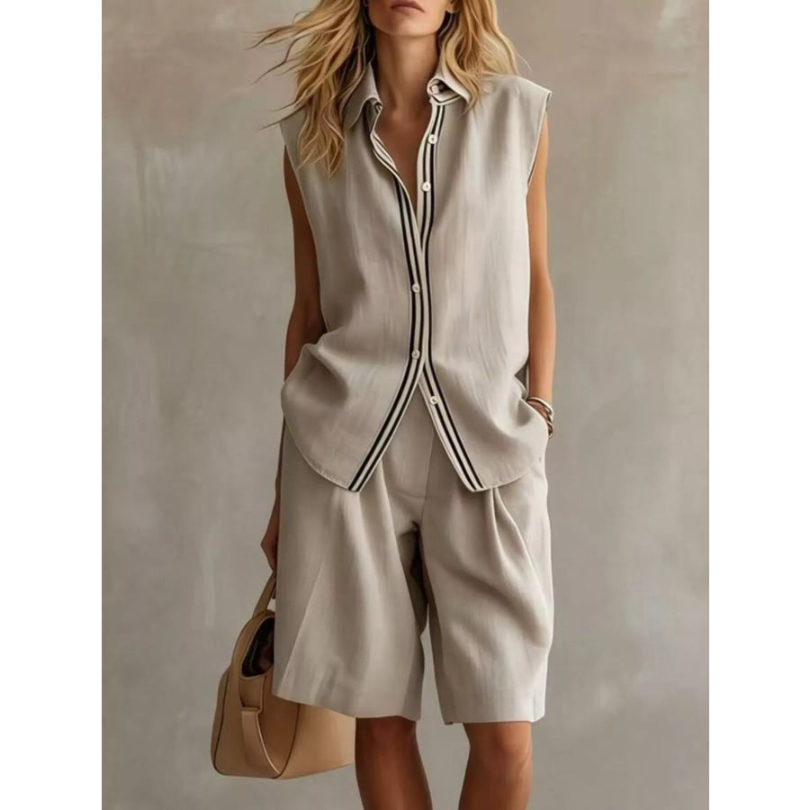 Sleeveless Button Up Top and Shorts Set Light Gray / S Apparel Accessories