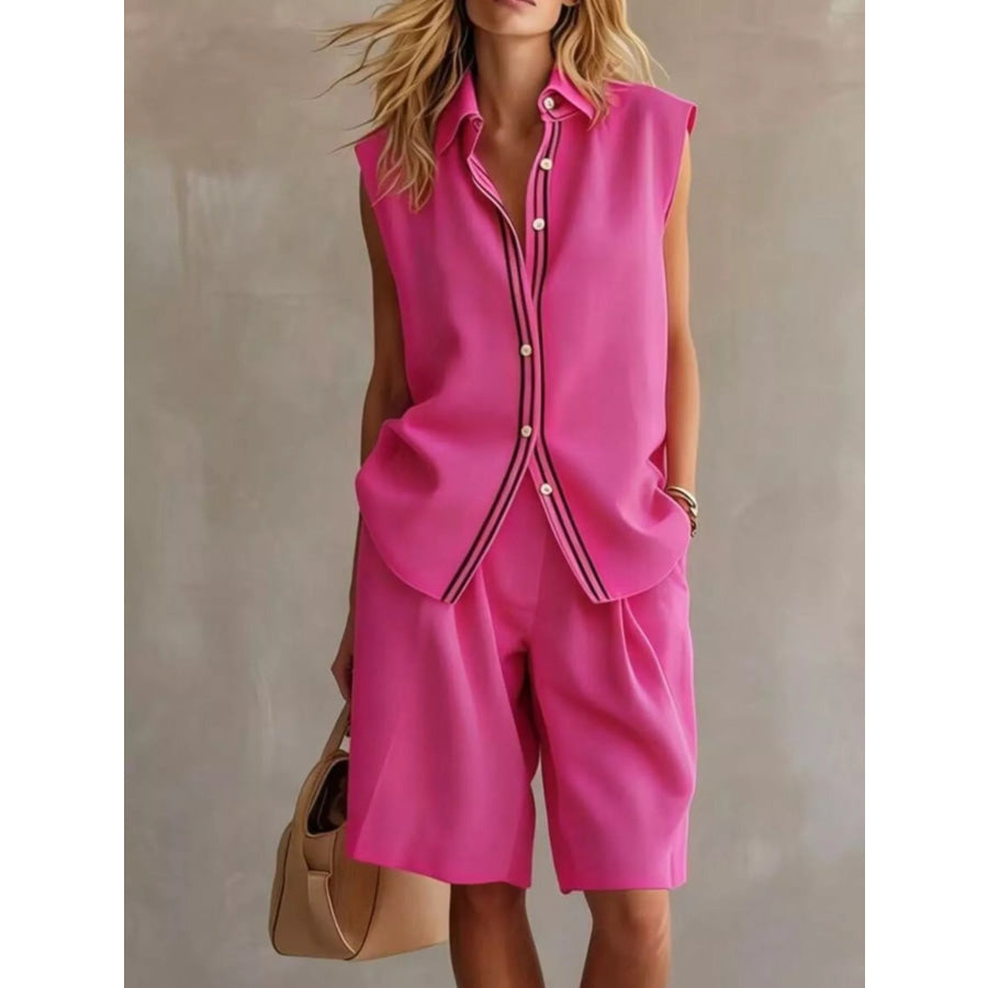 Sleeveless Button Up Top and Shorts Set Rose Red / S Apparel Accessories