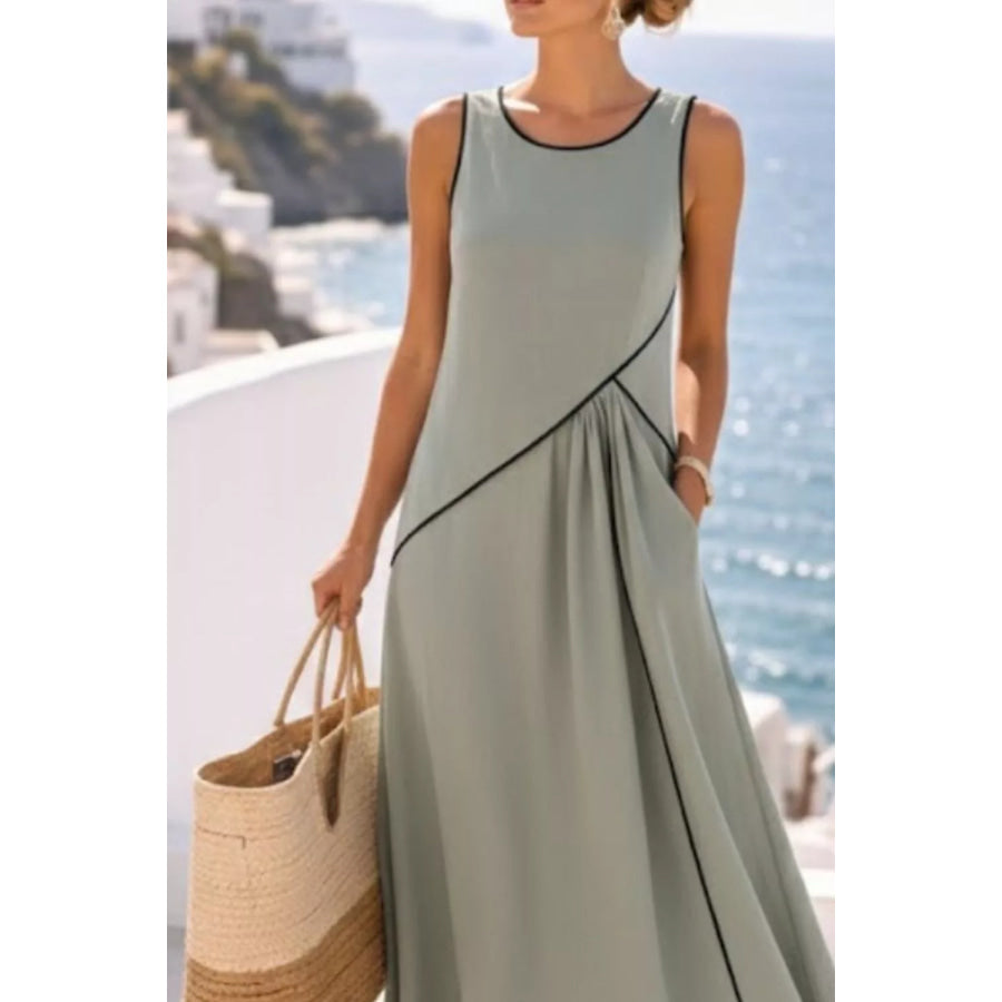 Sleeveless Casual Maxi Dress with Contrast Trim Apparel and Accessories