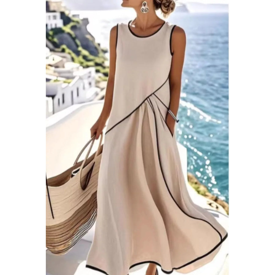 Sleeveless Casual Maxi Dress with Contrast Trim Beige / S Apparel and Accessories