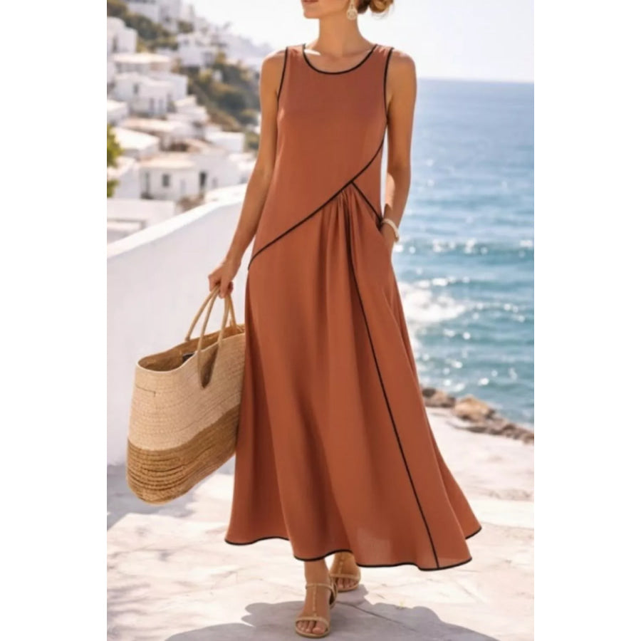 Sleeveless Casual Maxi Dress with Contrast Trim Caramel / S Apparel and Accessories