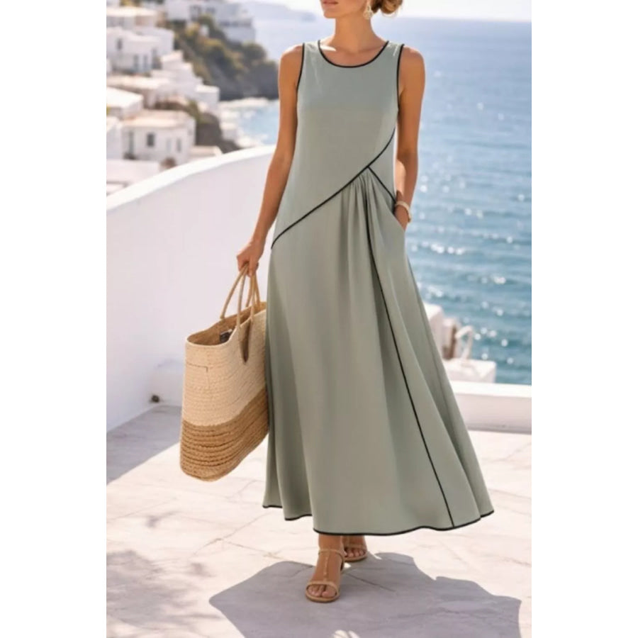 Sleeveless Casual Maxi Dress with Contrast Trim Sage / S Apparel and Accessories