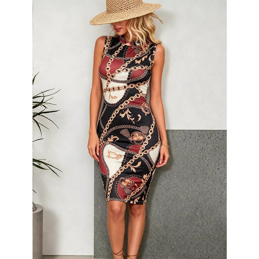 Sleeveless Chain Print Bodycon Dress Black / S Apparel and Accessories