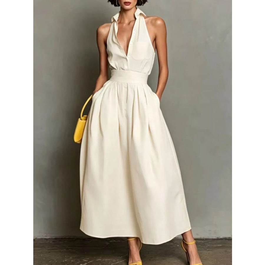 Sleeveless Collared A-Line Midi Dress White / S Apparel and Accessories