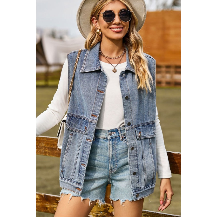 Sleeveless Collared Neck Denim Top with Pockets Light / S