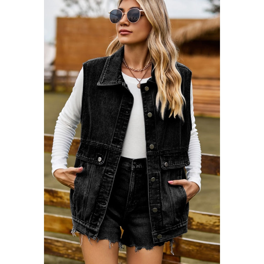 Sleeveless Collared Neck Denim Top with Pockets