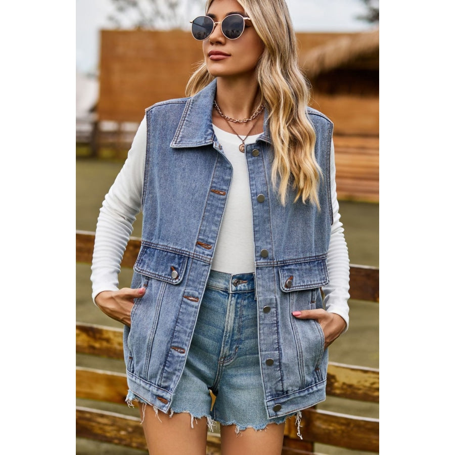 Sleeveless Collared Neck Denim Top with Pockets