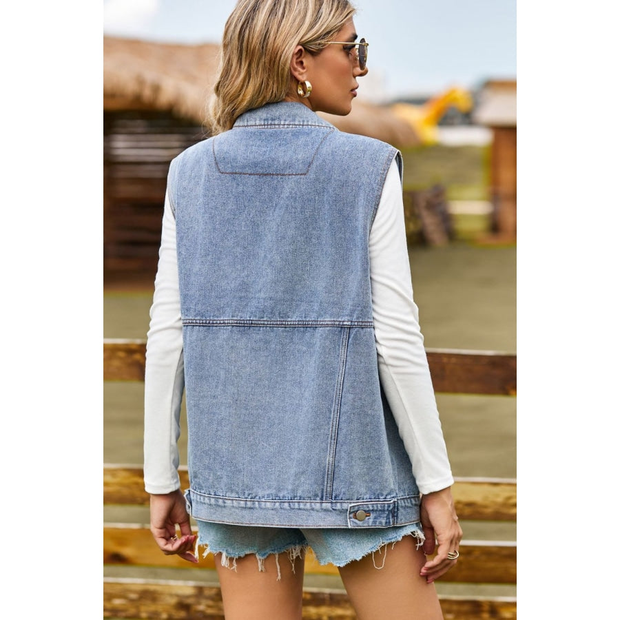 Sleeveless Collared Neck Denim Top with Pockets Light / S