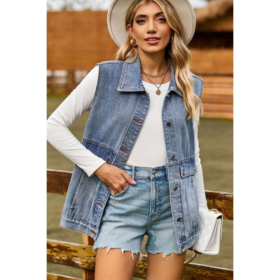 Sleeveless Collared Neck Denim Top with Pockets