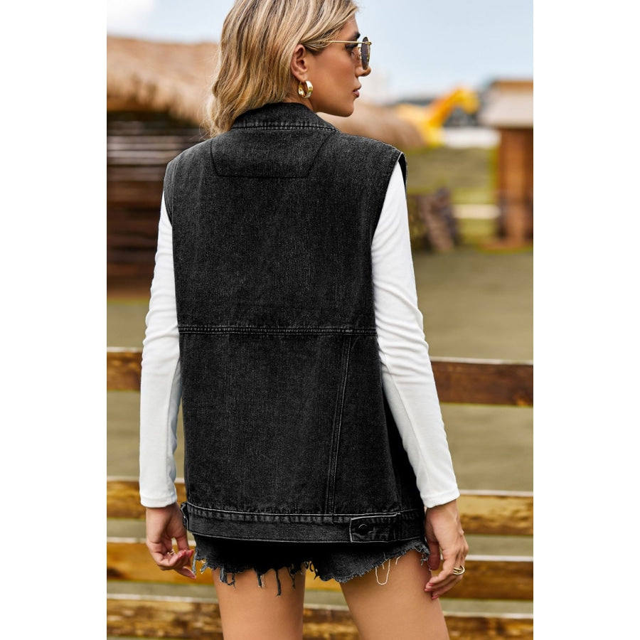 Sleeveless Collared Neck Denim Top with Pockets