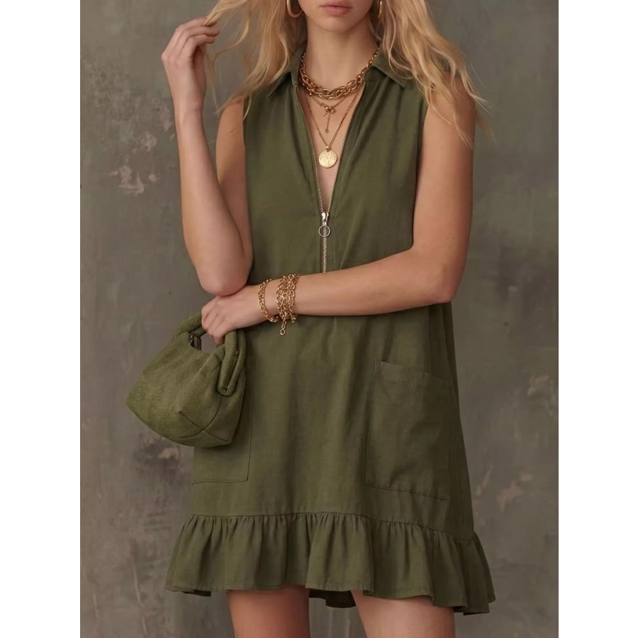 Sleeveless Collared Zip-Front Ruffle Hem Dress Apparel and Accessories