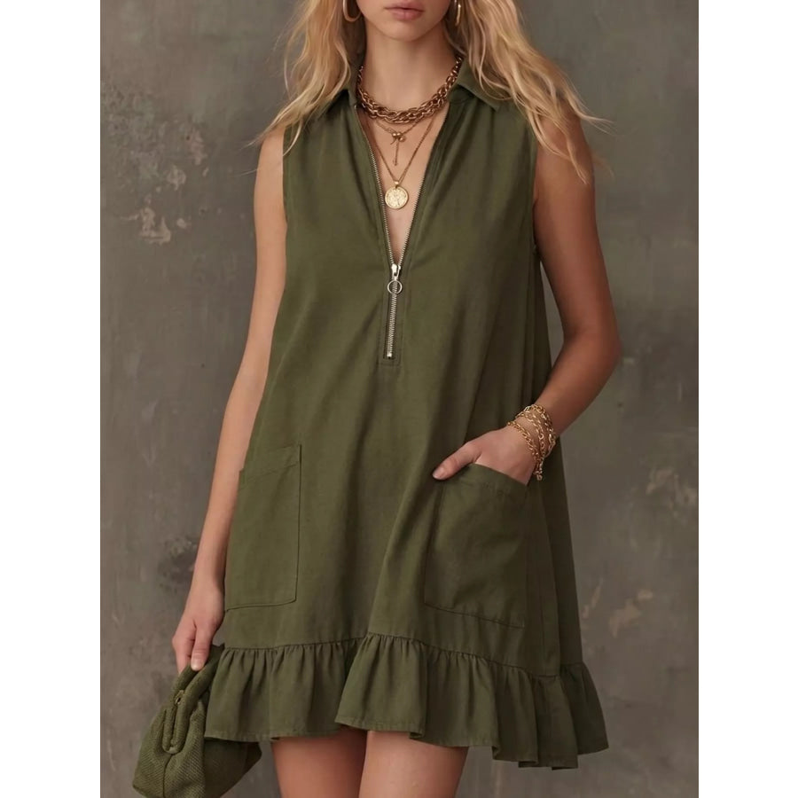 Sleeveless Collared Zip-Front Ruffle Hem Dress Army Green / S Apparel and Accessories