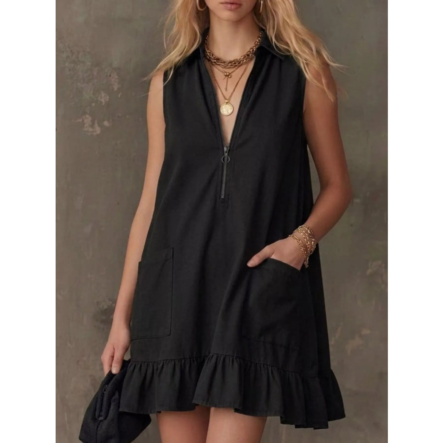Sleeveless Collared Zip-Front Ruffle Hem Dress Black / S Apparel and Accessories