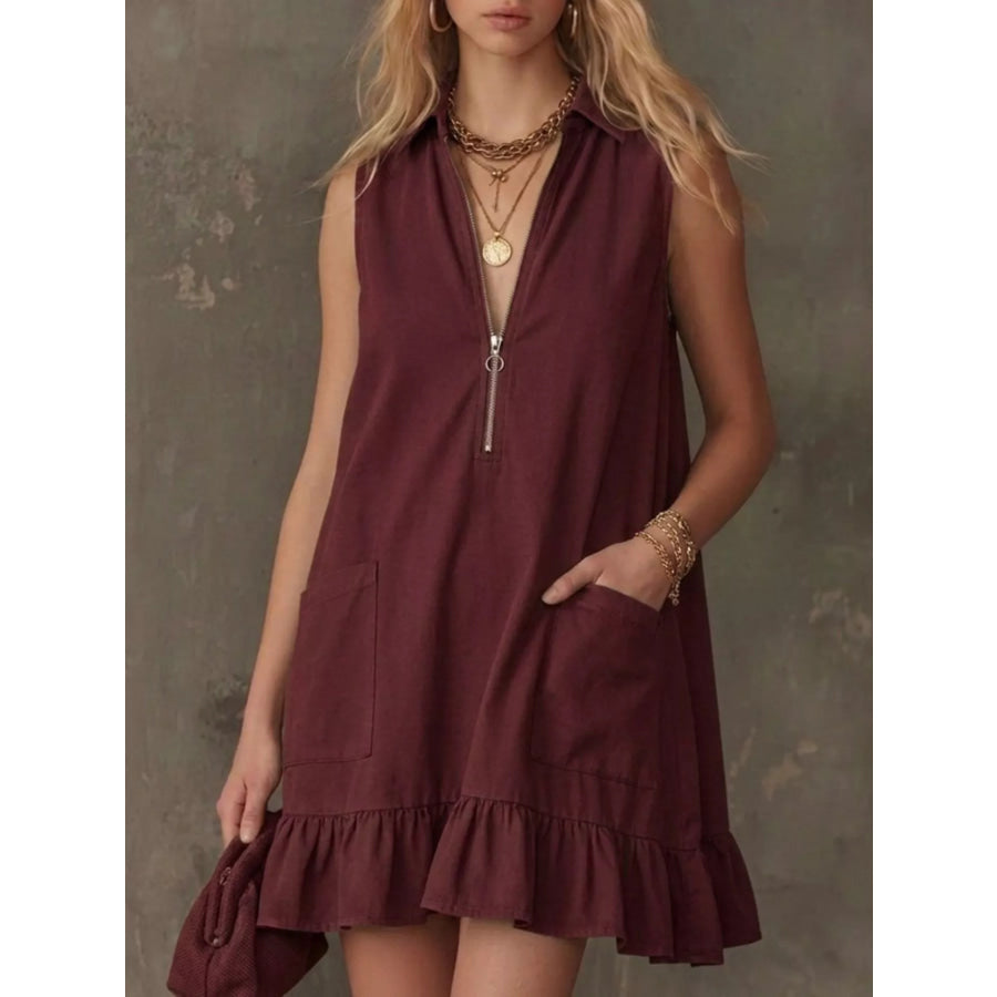 Sleeveless Collared Zip-Front Ruffle Hem Dress Burgundy / S Apparel and Accessories