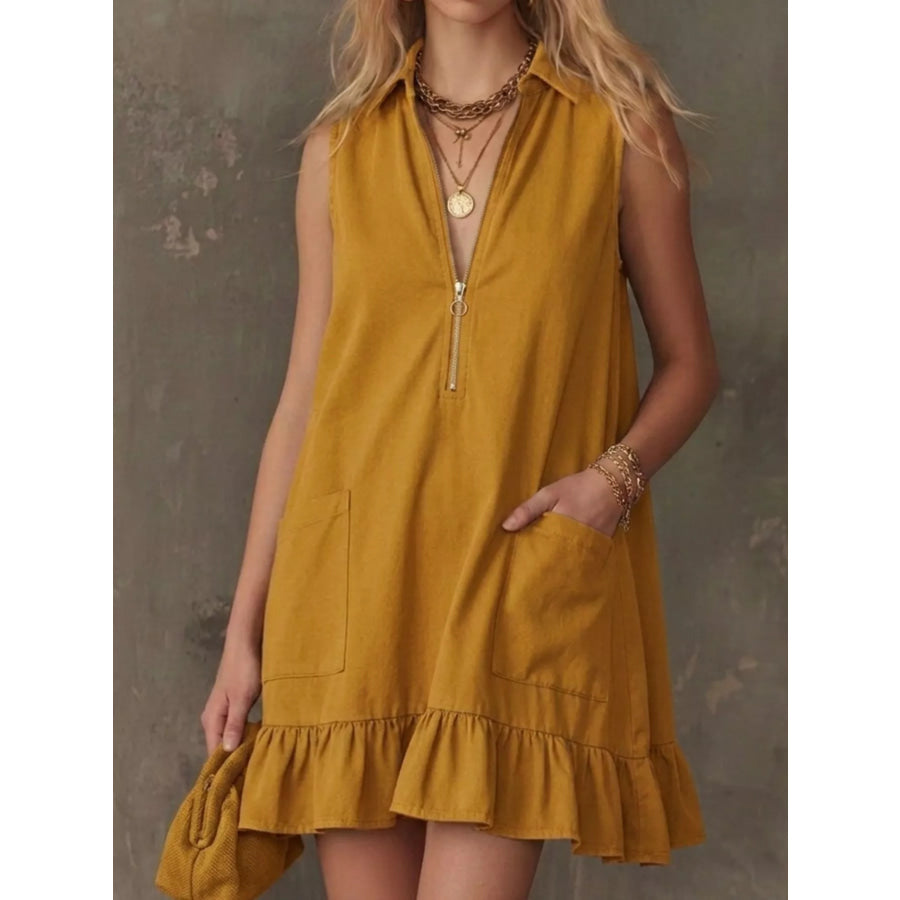 Sleeveless Collared Zip-Front Ruffle Hem Dress Mustard / S Apparel and Accessories